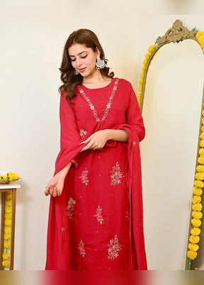 3 Pc Red Chanderi Silk Suit Set