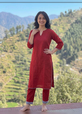 2 Pc Red Cotton Kurti Set