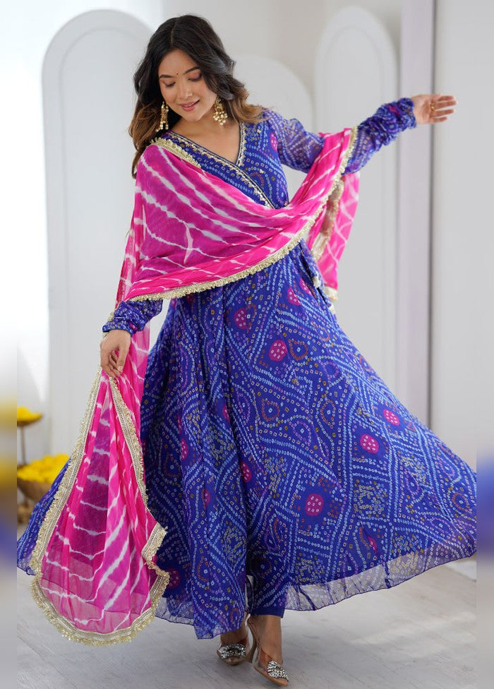 3 Pc Royal Blue Georgette Anarkali Kurti Set