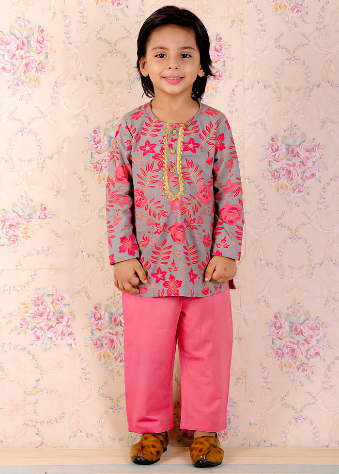 Grey Cotton Printed Kurta Pajama Set - Indian Silk House Agencies