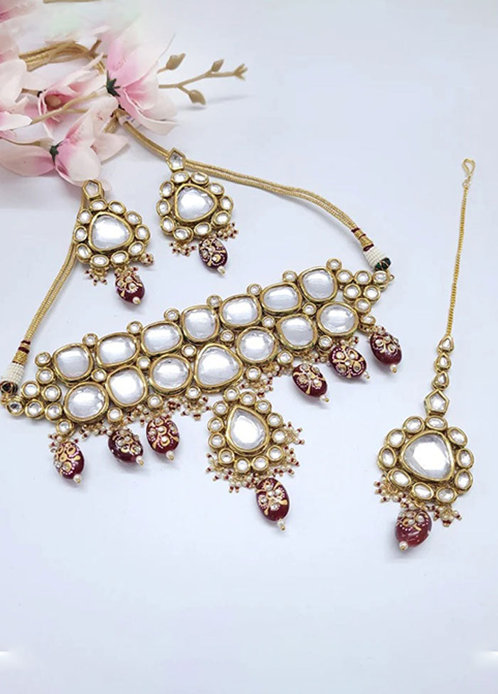 Red Kundan Polki Choker Set With Mangtika - Indian Silk House Agencies