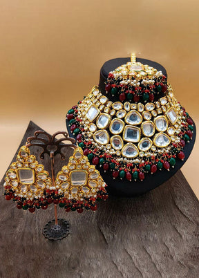 Red And Green Kundan Polki Jewellery Set With Mangtika - Indian Silk House Agencies