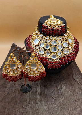 Red Kundan Polki Jewellery Set With Mangtika - Indian Silk House Agencies