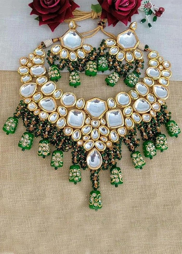 Golden Kundan Work Alloy Necklace With Earrings Set