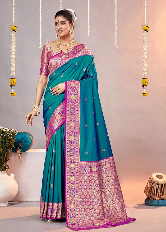 Blue Katan Silk Saree With Blouse Piece