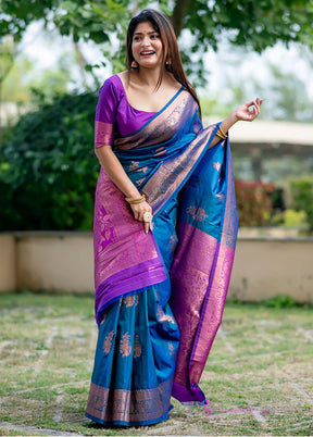 Blue Banarasi Silk Saree With Blouse Piece