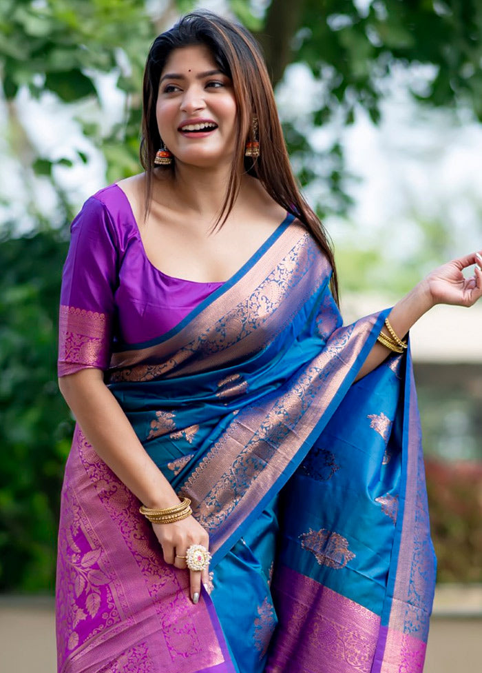 Blue Banarasi Silk Saree With Blouse Piece