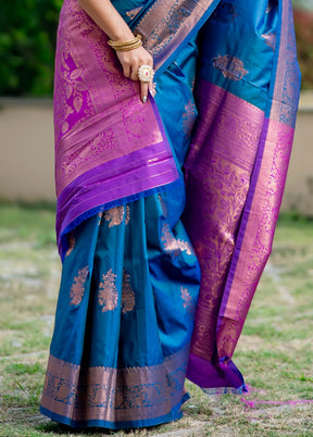 Blue Banarasi Silk Saree With Blouse Piece