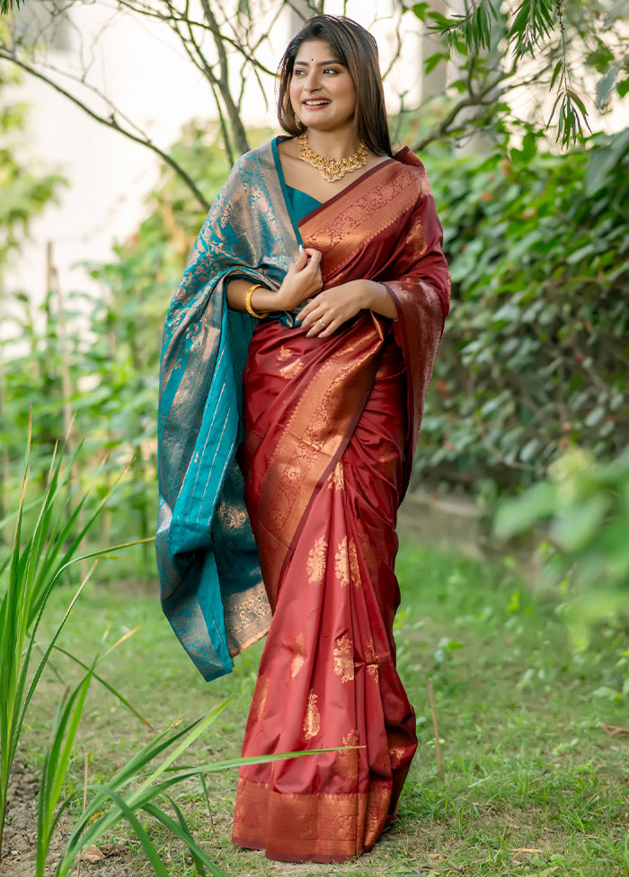 Maroon Banarasi Silk Saree With Blouse Piece