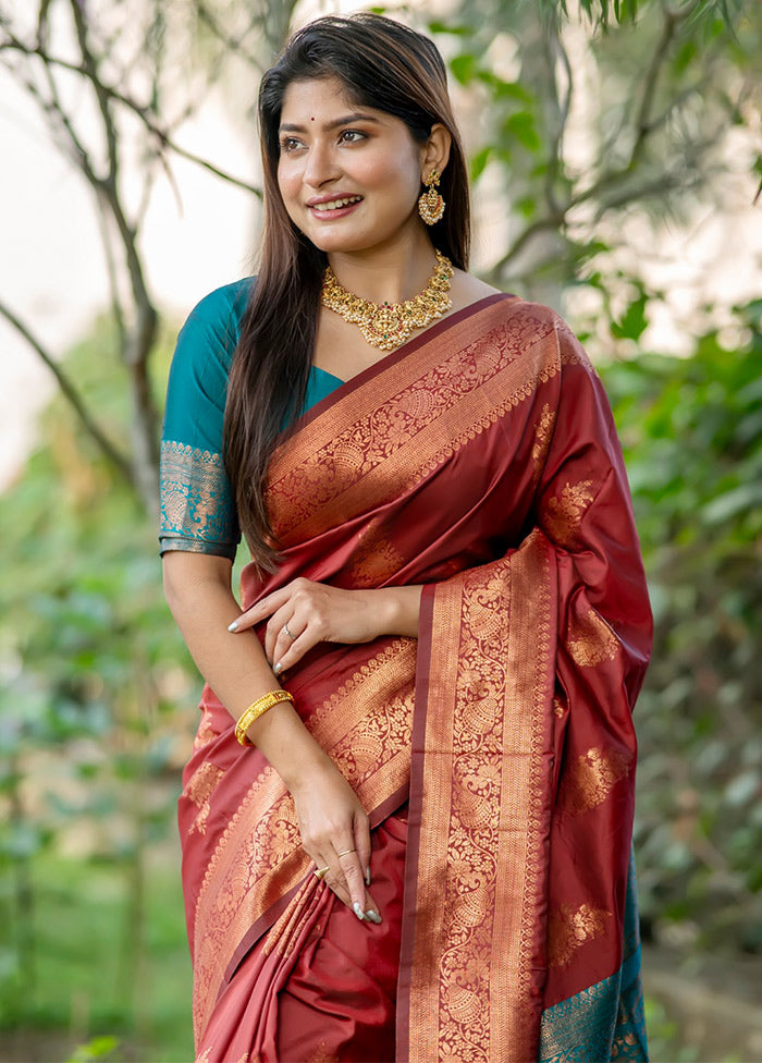 Maroon Banarasi Silk Saree With Blouse Piece