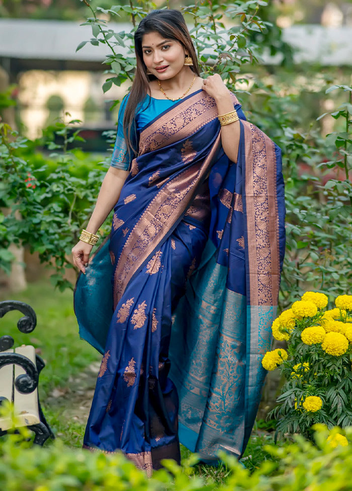 Navy Blue Banarasi Silk Saree With Blouse Piece