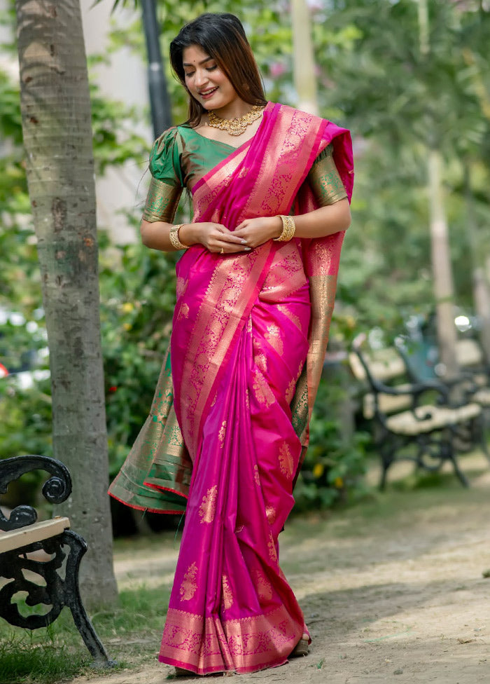 Pink Banarasi Silk Saree With Blouse Piece