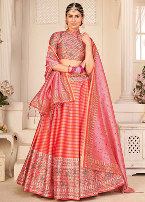 3 Pc Peach Semi Stitched Rera Silk Printed Lehenga Set - Indian Silk House Agencies