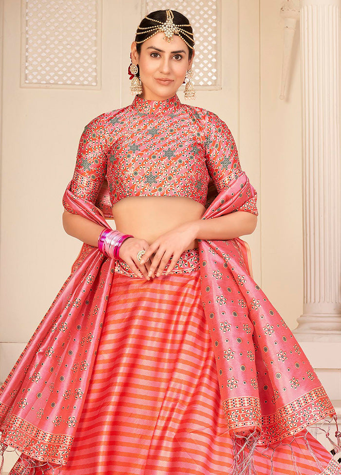 3 Pc Peach Semi Stitched Rera Silk Printed Lehenga Set - Indian Silk House Agencies