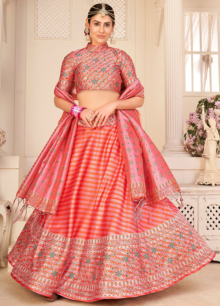 3 Pc Peach Semi Stitched Rera Silk Printed Lehenga Set - Indian Silk House Agencies