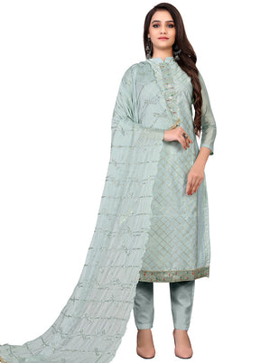 3 Pc Grey Cotton Unstitched Salwar Suit Set With Dupatta VDKSH140534 - Indian Silk House Agencies