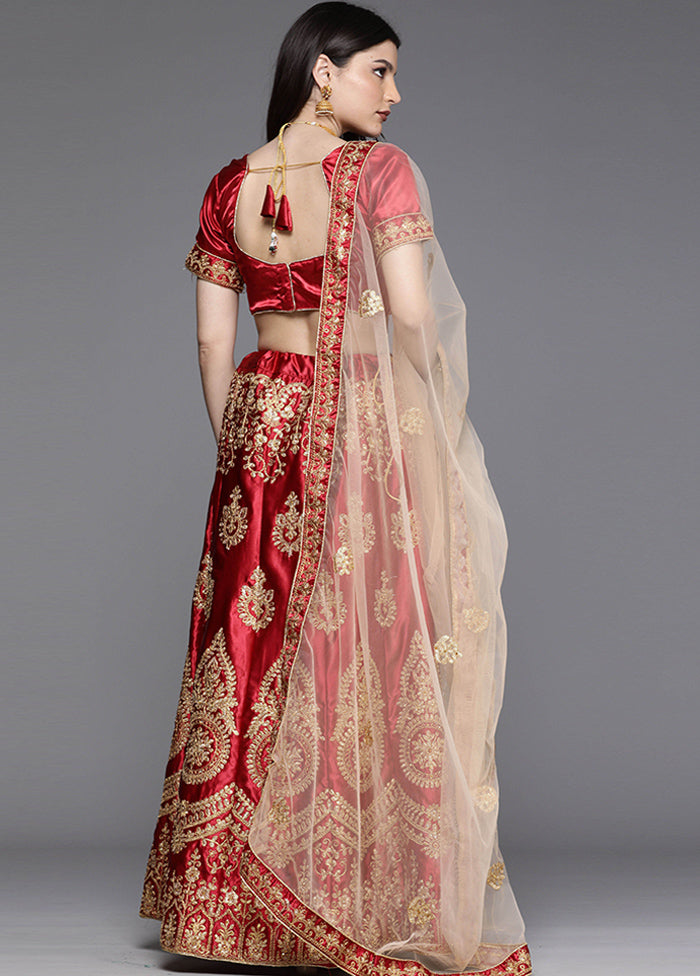 Maroon And Beige Semi Stitched Silk Lehenga Set With Blouse Piece And Dupatta - Indian Silk House Agencies