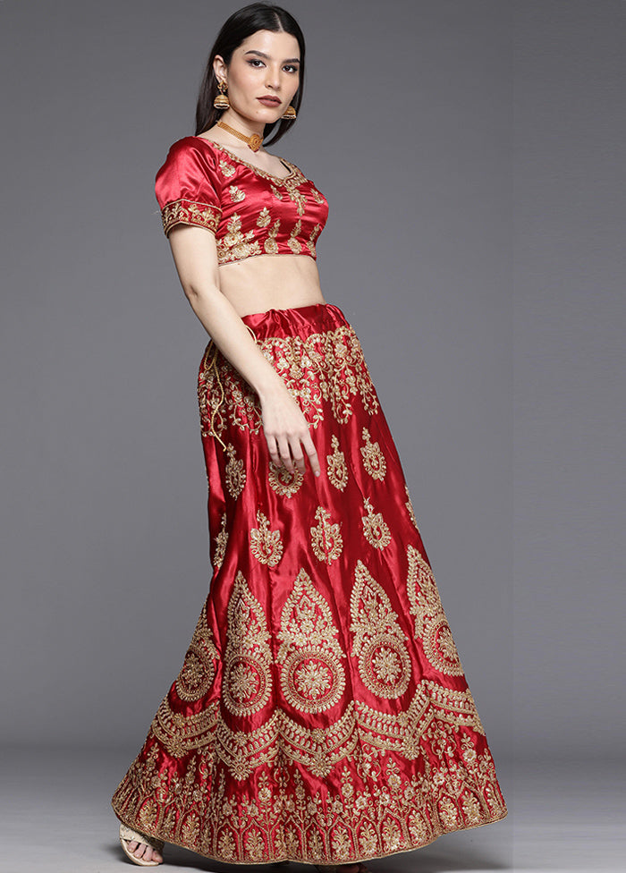 Maroon And Beige Semi Stitched Silk Lehenga Set With Blouse Piece And Dupatta - Indian Silk House Agencies