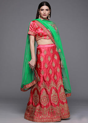 Pink And Green Semi Stitched Silk Lehenga Set With Blouse Piece And Dupatta - Indian Silk House Agencies