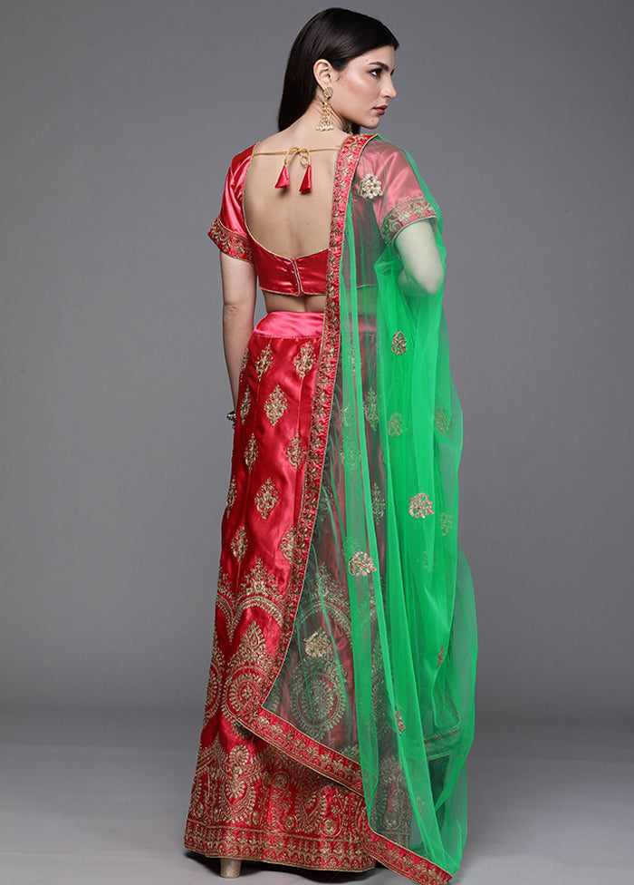 Pink And Green Semi Stitched Silk Lehenga Set With Blouse Piece And Dupatta - Indian Silk House Agencies