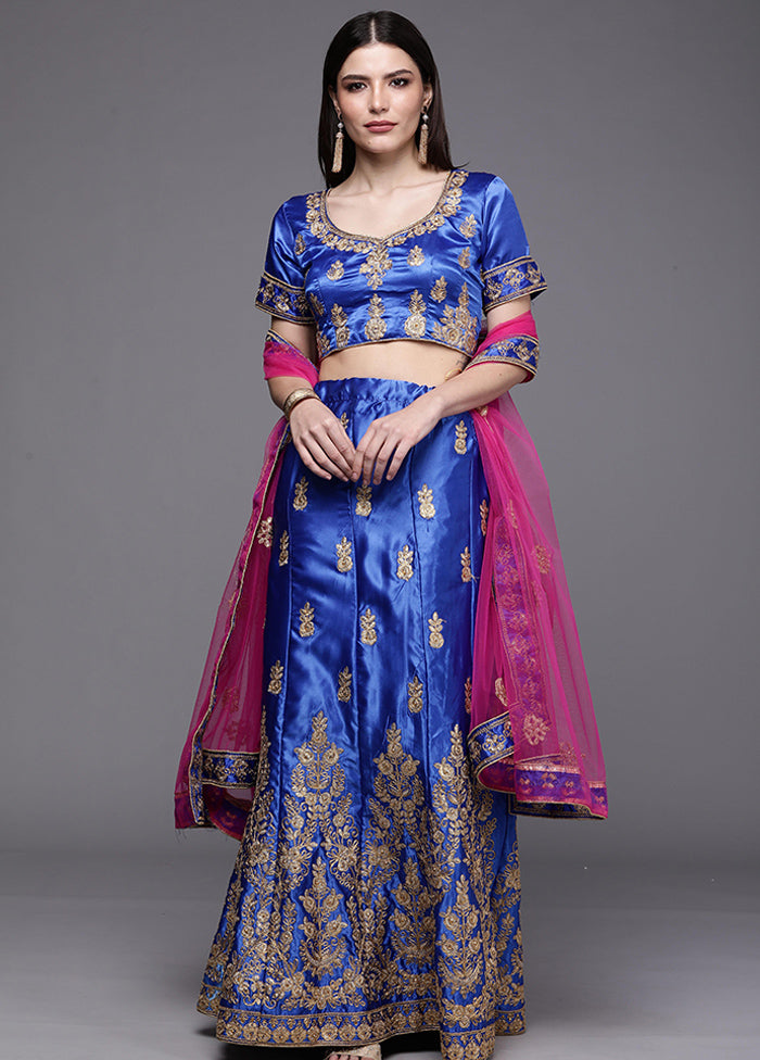 Royal Blue And Pink Semi Stitched Silk Lehenga Set With Blouse Piece And Dupatta - Indian Silk House Agencies