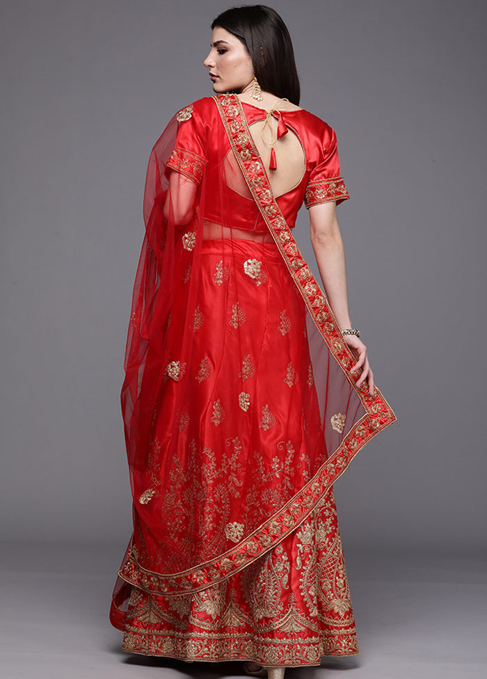 Red Semi Stitched Silk Lehenga Set With Blouse Piece And Dupatta - Indian Silk House Agencies