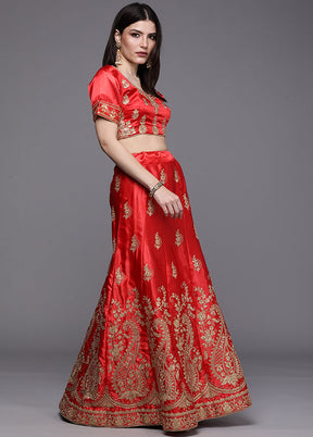 Red Semi Stitched Silk Lehenga Set With Blouse Piece And Dupatta - Indian Silk House Agencies