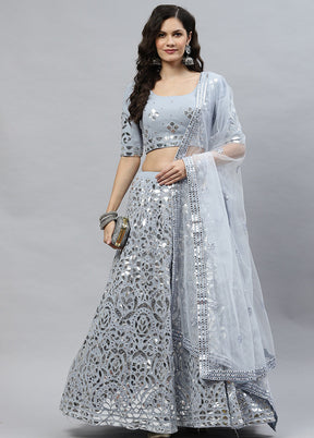 Powder Blue Semi Stitched Georgette Lehenga Set With Blouse Piece And Dupatta - Indian Silk House Agencies