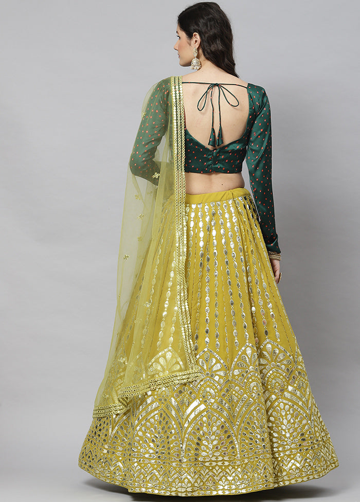 Olive Green Semi Stitched Georgette Lehenga Set With Blouse Piece And Dupatta - Indian Silk House Agencies