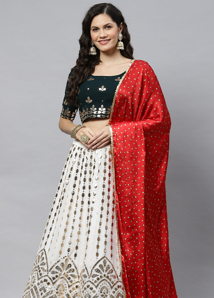 White Semi Stitched Georgette Lehenga Set With Blouse Piece And Dupatta - Indian Silk House Agencies