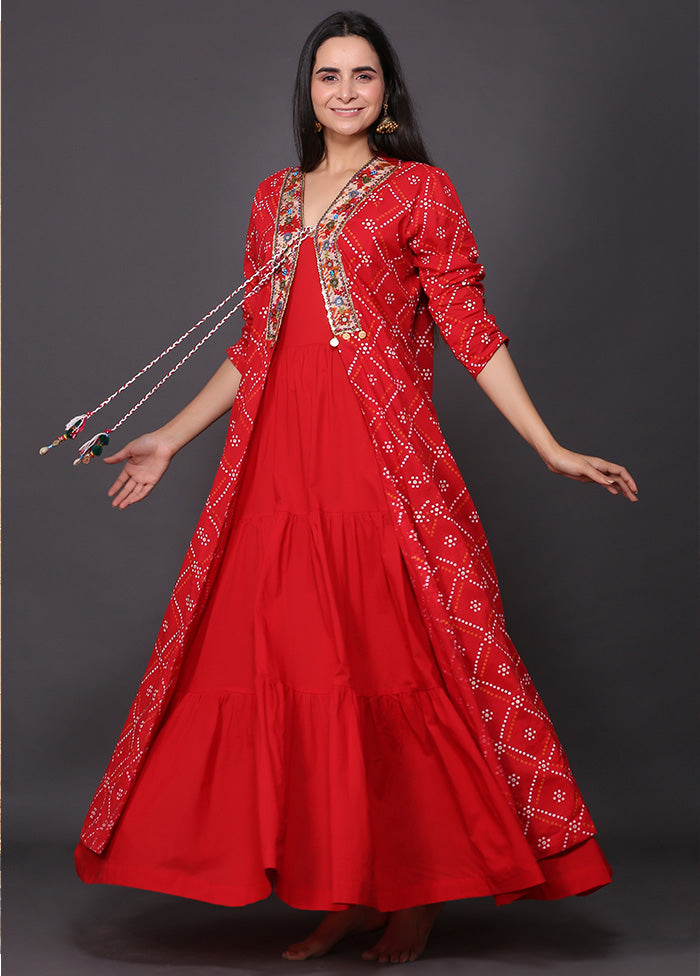 Red Readymade Cotton With Jacket Indian Dress - Indian Silk House Agencies