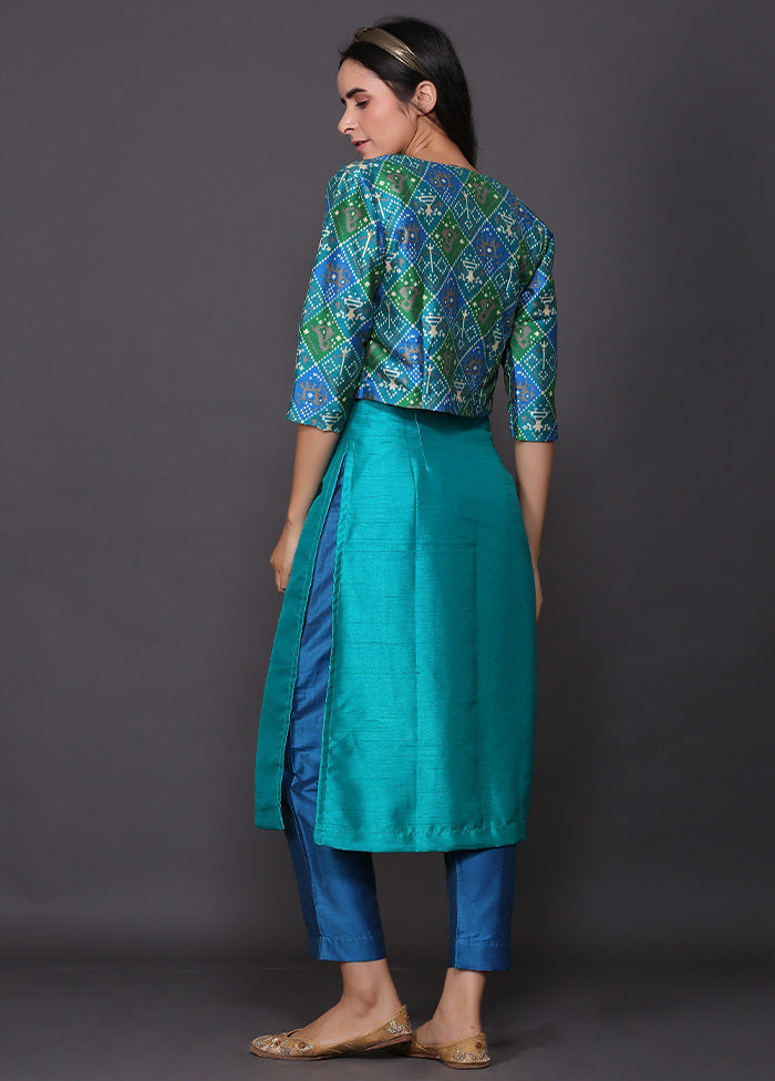 3 Pc Blue Readymade Silk Jacket Suit Set - Indian Silk House Agencies