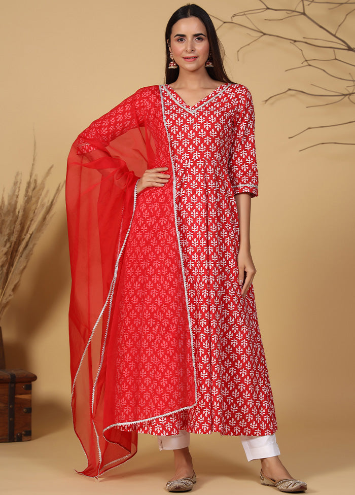 3 Pc Red Readymade Cotton Suit Set - Indian Silk House Agencies