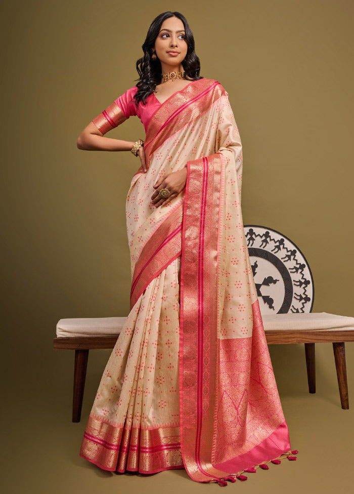 Cream Dupion Silk Saree With Blouse Piece