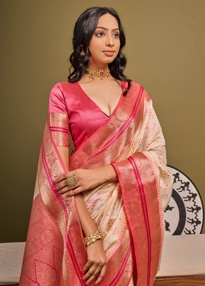 Cream Dupion Silk Saree With Blouse Piece