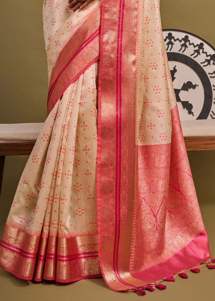 Cream Dupion Silk Saree With Blouse Piece