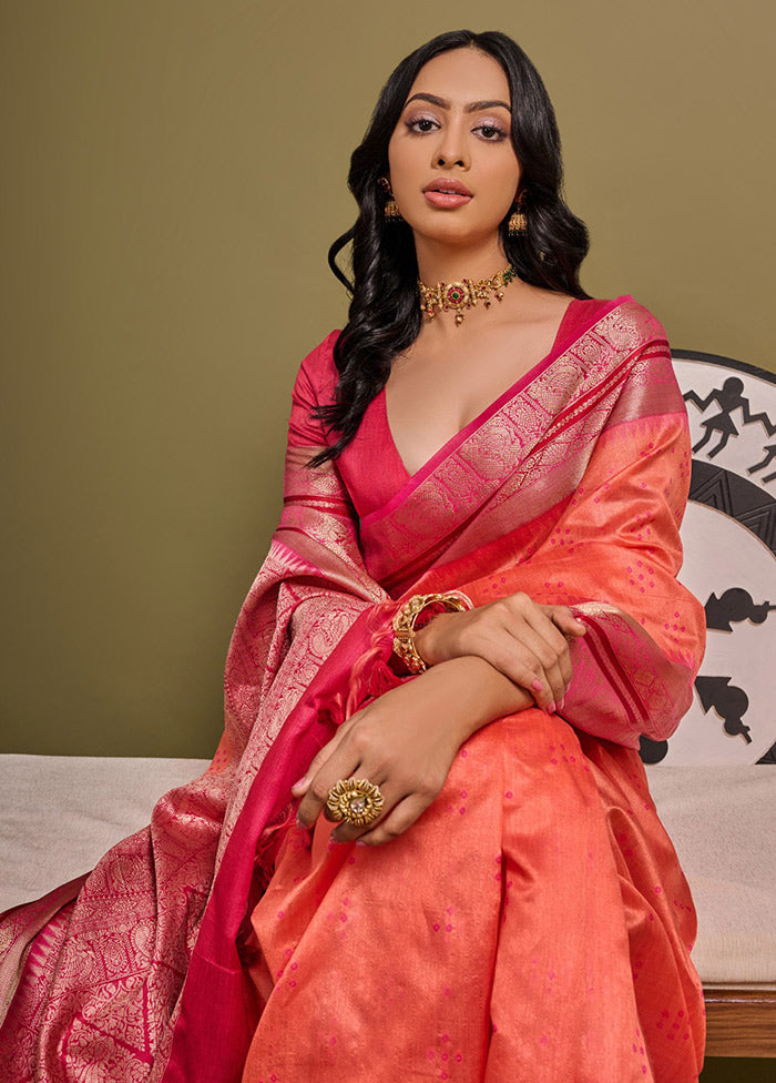 Peach Dupion Silk Saree With Blouse Piece