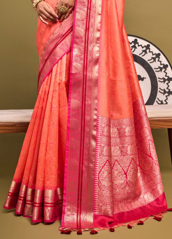 Peach Dupion Silk Saree With Blouse Piece