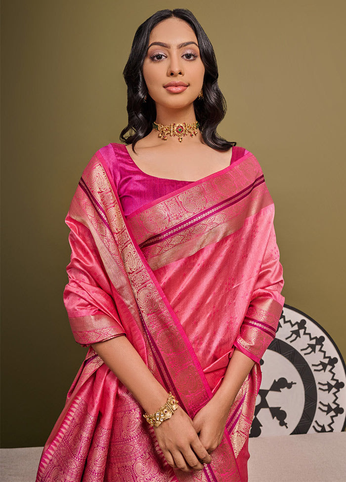 Pink Dupion Silk Saree With Blouse Piece