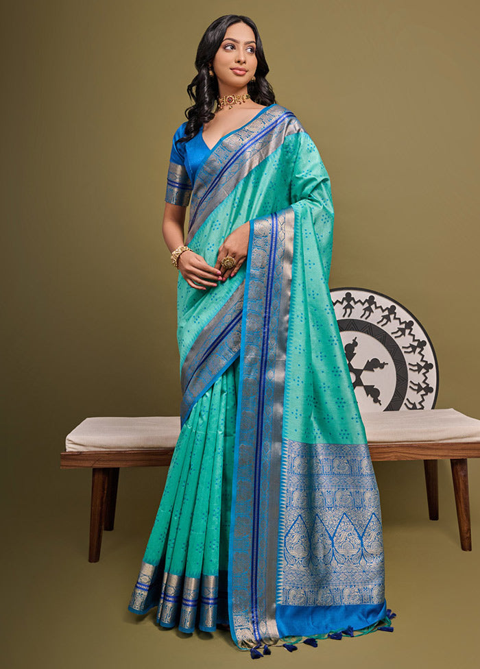 Sea Green Dupion Silk Saree With Blouse Piece