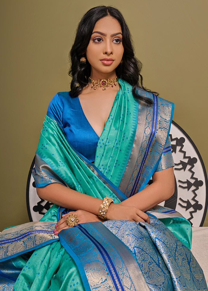 Sea Green Dupion Silk Saree With Blouse Piece