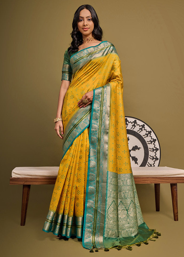 Yellow Dupion Silk Saree With Blouse Piece