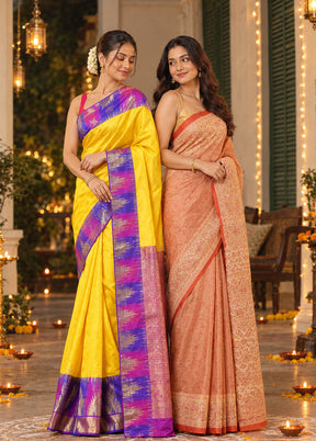 Kojagori Duo – Yellow Kanchipuram & Peach Printed Silk Sarees