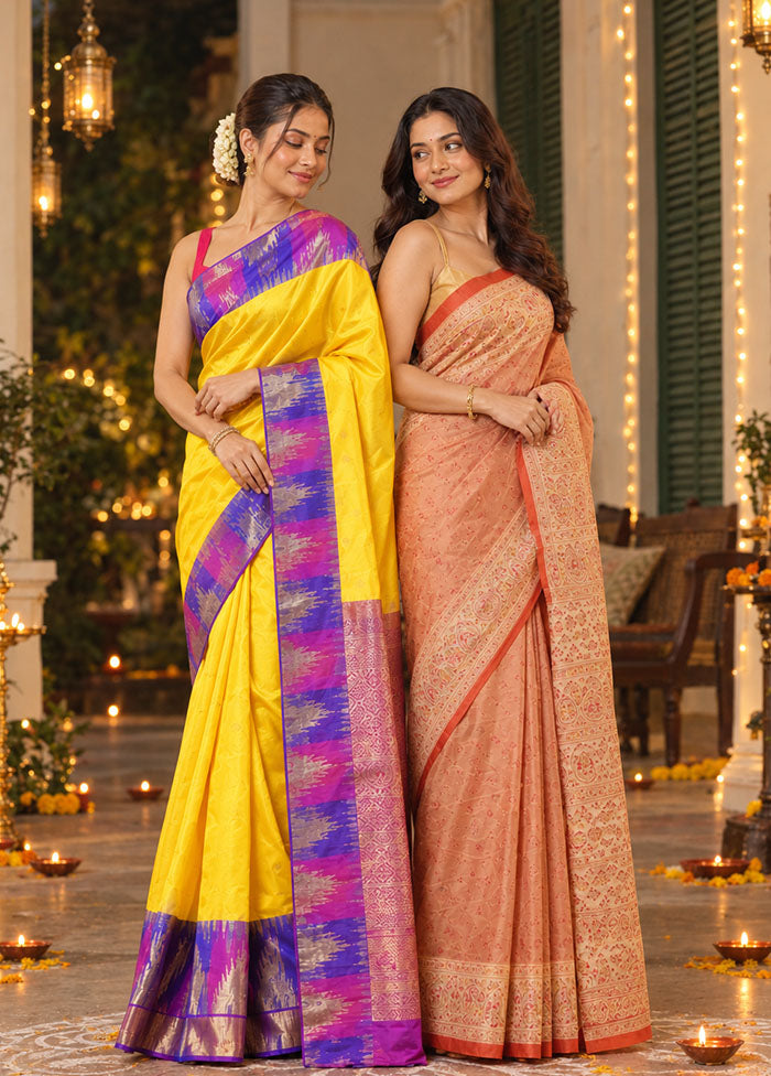 Kojagori Duo – Yellow Kanchipuram & Peach Printed Silk Sarees