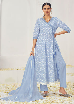 3 Pc Sky Blue Pure Readymade Cotton Suit Set