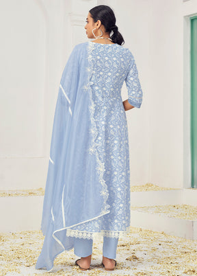 3 Pc Sky Blue Pure Readymade Cotton Suit Set