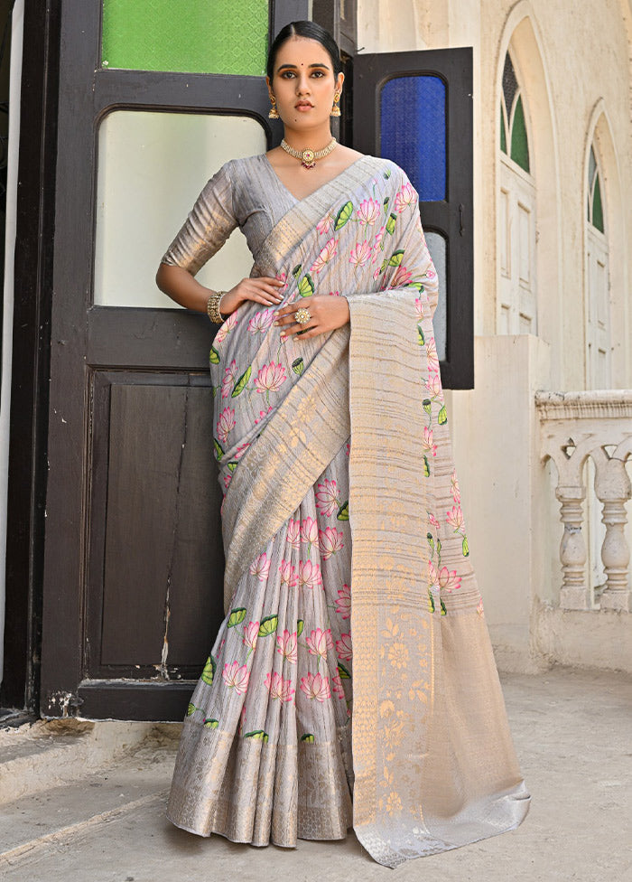 Grey Banarasi Silk Saree With Blouse Piece