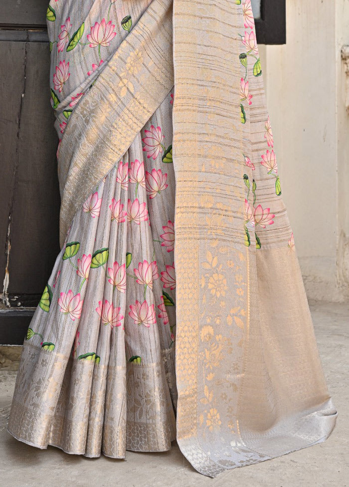 Grey Banarasi Silk Saree With Blouse Piece