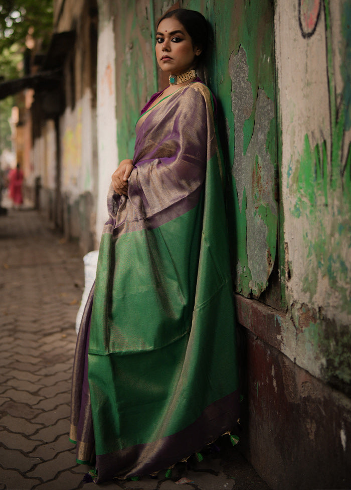 Purple Linen Silk Plain Work Saree Without Blouse Piece