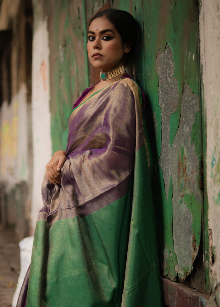 Purple Linen Silk Plain Work Saree Without Blouse Piece